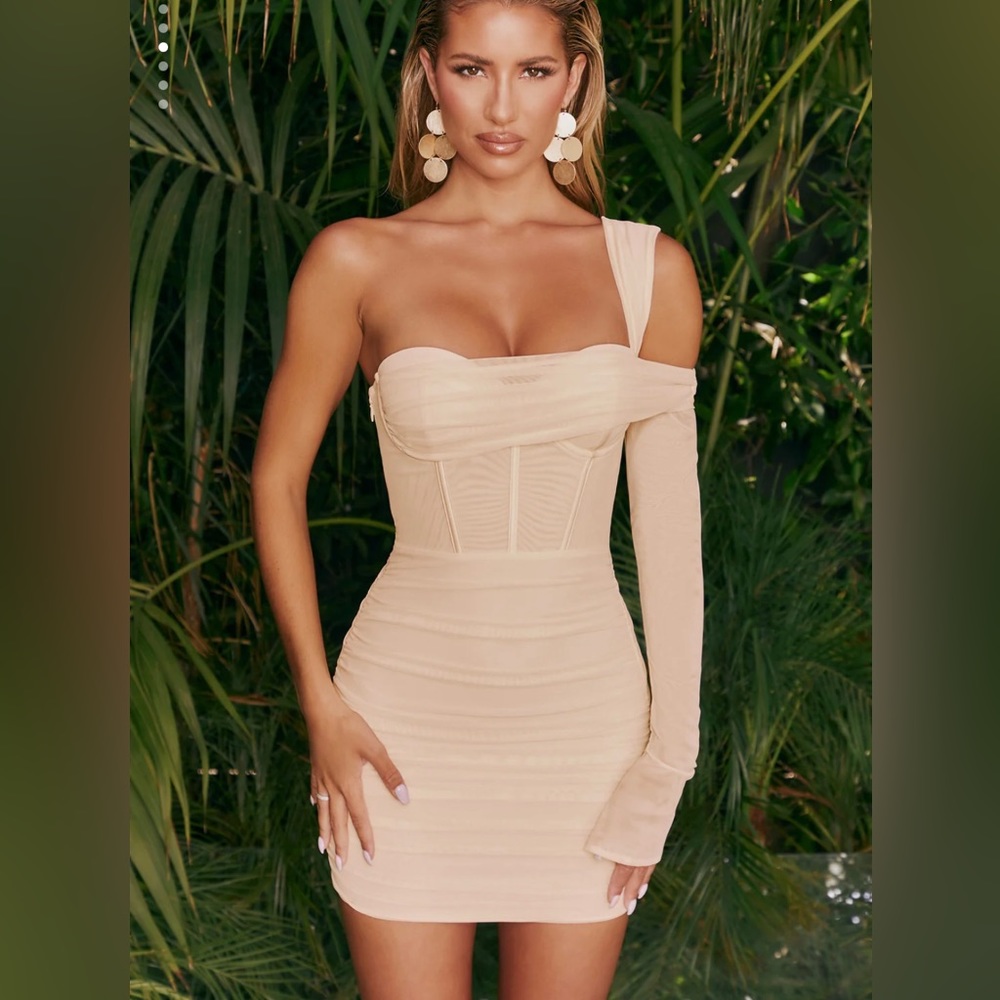 COPY - Mesh Asymmetric Off Shoulder Mini Dress in Cream